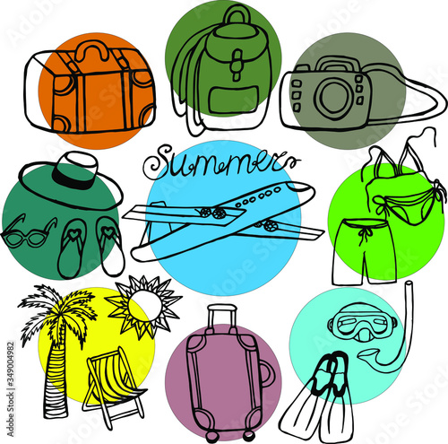 Large set of bright icons on the theme of travel.