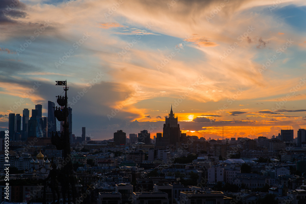 Incredible evening panoramic view of the center of Moscow . Incredible sunset over Moscow.
