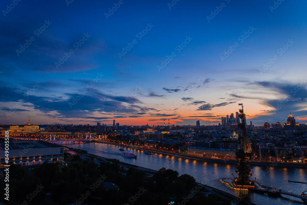 Incredible evening panoramic view of the center of Moscow, Moscow river and the monument to Peter the great. Incredible sunset over Moscow.