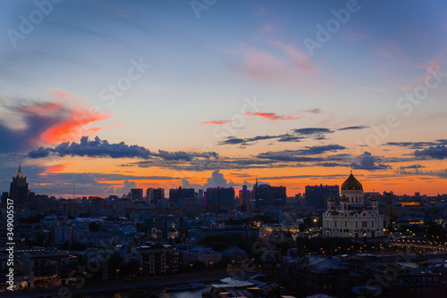 Incredible evening panoramic view of the center of Moscow and Cathedral of Christ the Saviour. Incredible sunset over Moscow.