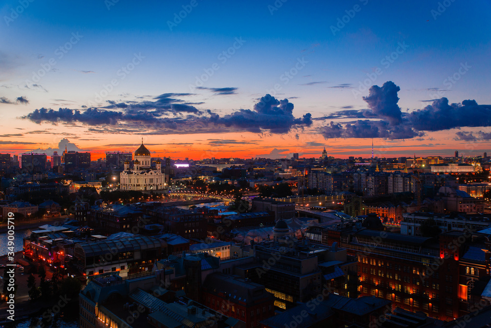 
Incredible evening panoramic view of the center of Moscow and Cathedral of Christ the Saviour . Incredible sunset over Moscow.