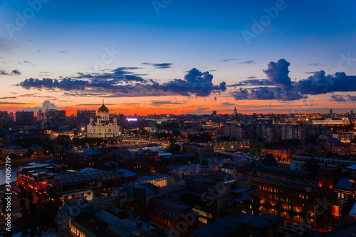  Incredible evening panoramic view of the center of Moscow and Cathedral of Christ the Saviour . Incredible sunset over Moscow.