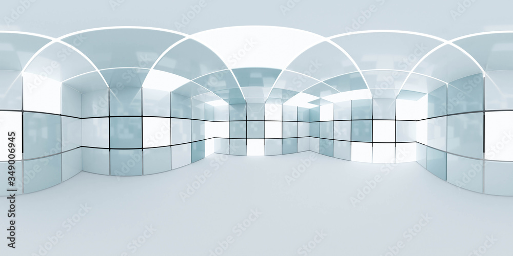 Full 360 degree equirectangular panorama hdri of modern futuristic technology building interior 3d render illustration with blue tiles - obrazy, fototapety, plakaty 