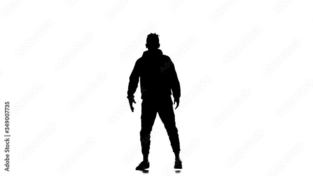 black silhouette on a white background, young energetic guy vigorously dancing hip hop, freestyle, street dance, performs complex movements, slow motion black silhouette on a white background, young energetic guy vigorously dancing hip hop, freestyle, street dance, performs complex movements, slow motion