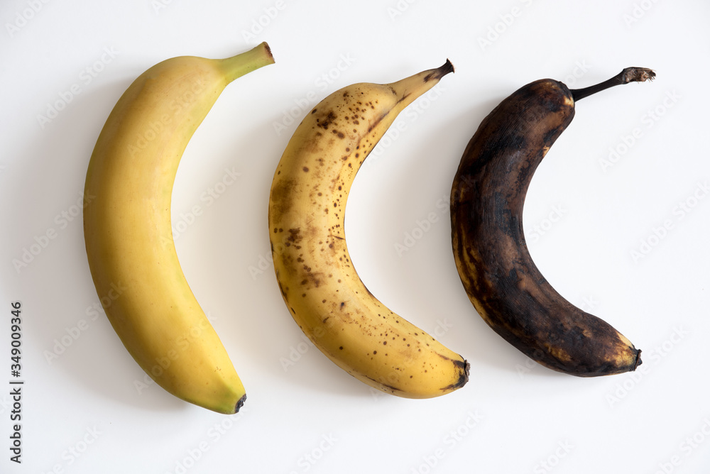 Three bananas isolated on white background, clipping path, ageing concept Three bananas isolated on white background, clipping path, ageing concept