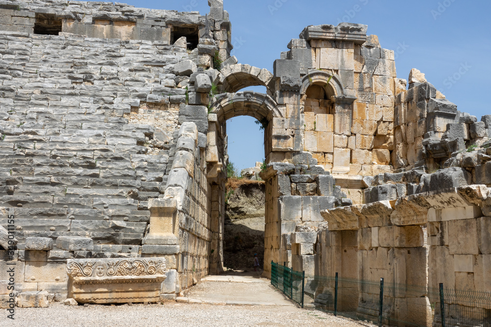 Ruins of entrance to the Greek-Roman amphitheatre of the ancient city of Myra in Demre, Antalya Province, Turkey
