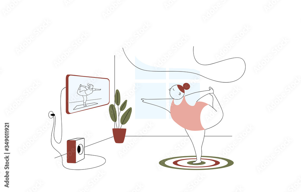 Vector illustration of a fat cute woman doing fitness at home in online classes. Girl watching fitness classes online on TV. Vector illustration of a fat cute woman doing fitness at home in online classes. Girl watching fitness classes online on TV.