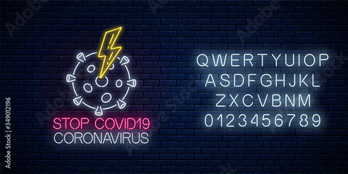 Stop COVID-19 virus neon sign with coronavirus and lightning symbol in neon style. Coronavirus outbreak stop icon with alphabet. Vector illustration. Shiny world pandemic alert design
