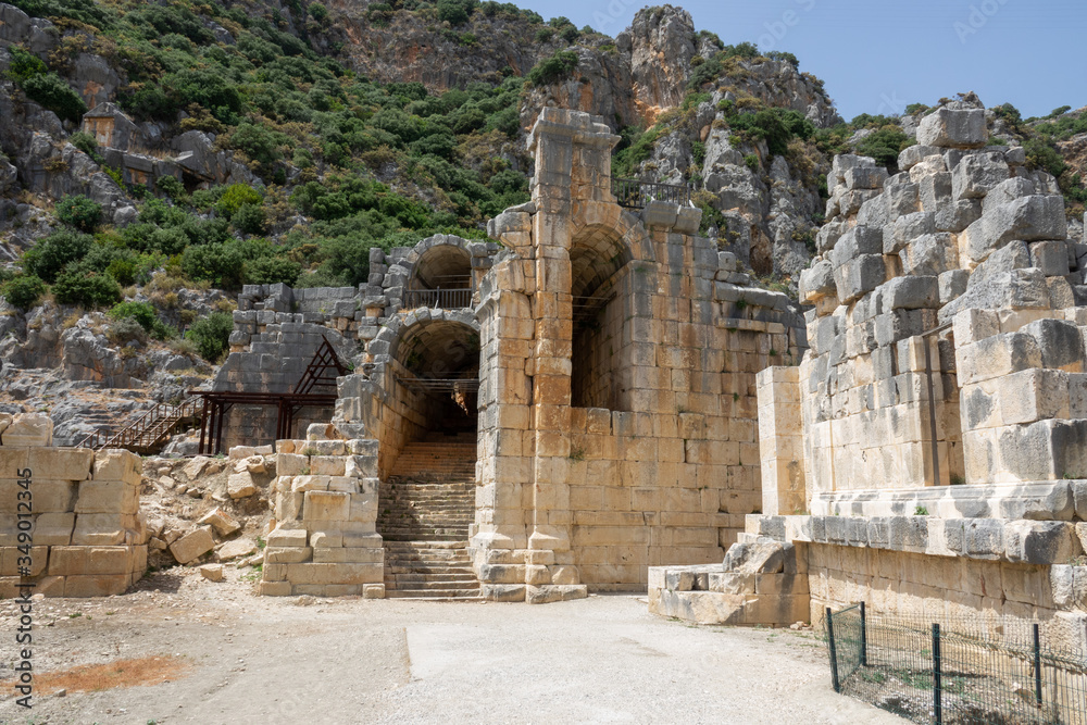 Ruins of entrance to the Greek-Roman amphitheatre of the ancient city of Myra in Demre, Antalya Province, Turkey