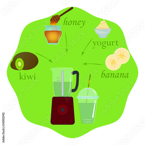 xotic fruit smoothie. Orange, kiwi, lemon, banana. Vector illustration photo