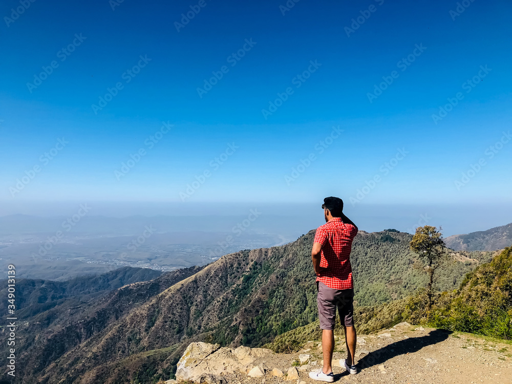 Fototapeta premium hiker in the mountains cloud end Mussorie Uttarakhand india 