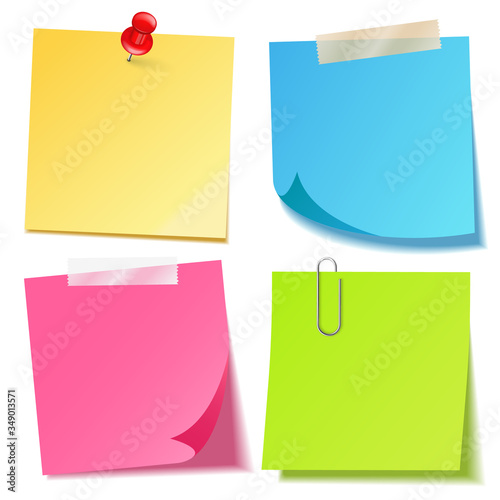 Realistic colorful blank sticky notes with clip binder. Colored sheets of note papers. Paper reminder. Vector illustration.