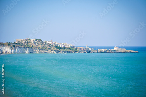 panoramic landscape of the beach and the white cliffs of Vieste, Gargano peninsula, Apulia, Italy © ueuaphoto