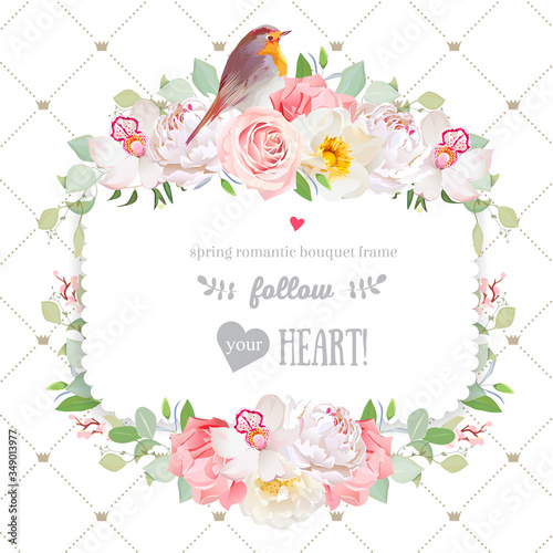 Square vector design frame with flowers and robin bird