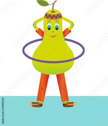 Pear vector twists hoop. Pear goes in for sports. Fruit is an athlete.