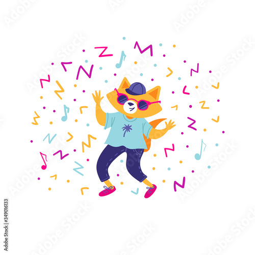 Cute fox dancing in sunglasses. Vector cartoon character. Flat illustration