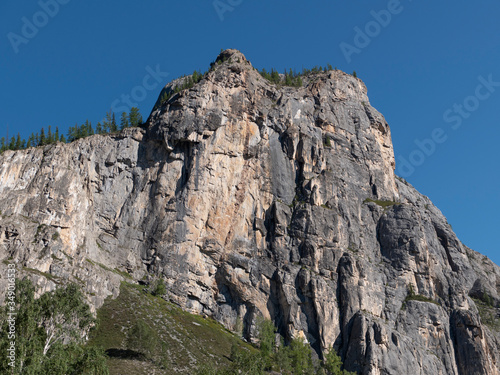 Mountain landscape with a rock and green forest