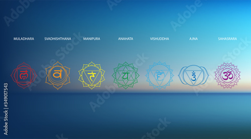 Vector abstract aerial panoramic view of sunrise over ocean with chakras icon set: muladhara, swadhisthana, manipura, anahata, vishuddha, ajna, sahasrara. Illustration of meditation and relaxation.