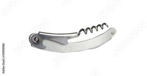 folding metal knife corkscrew on white background