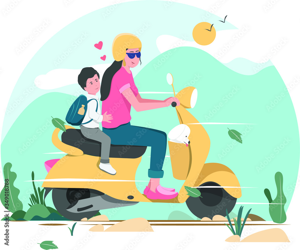 Cute women riding on a yellow scooter with her Son. Mother dropping her son to school. Vector illustration of a Mother picking her son from school.