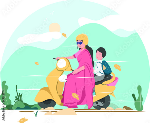 Indian women riding on a yellow scooter with her Son. Mother dropping her son to school. Vector illustration of a Mother picking her son from school.