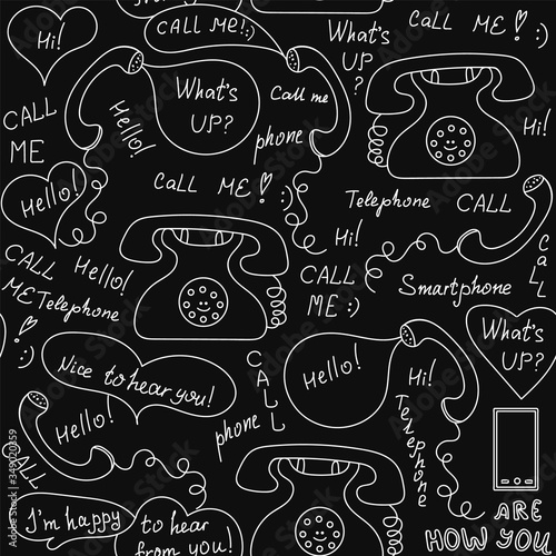 Vector seamless pattern with hand drawn old phones and greeting phrases. Decorative endless texture