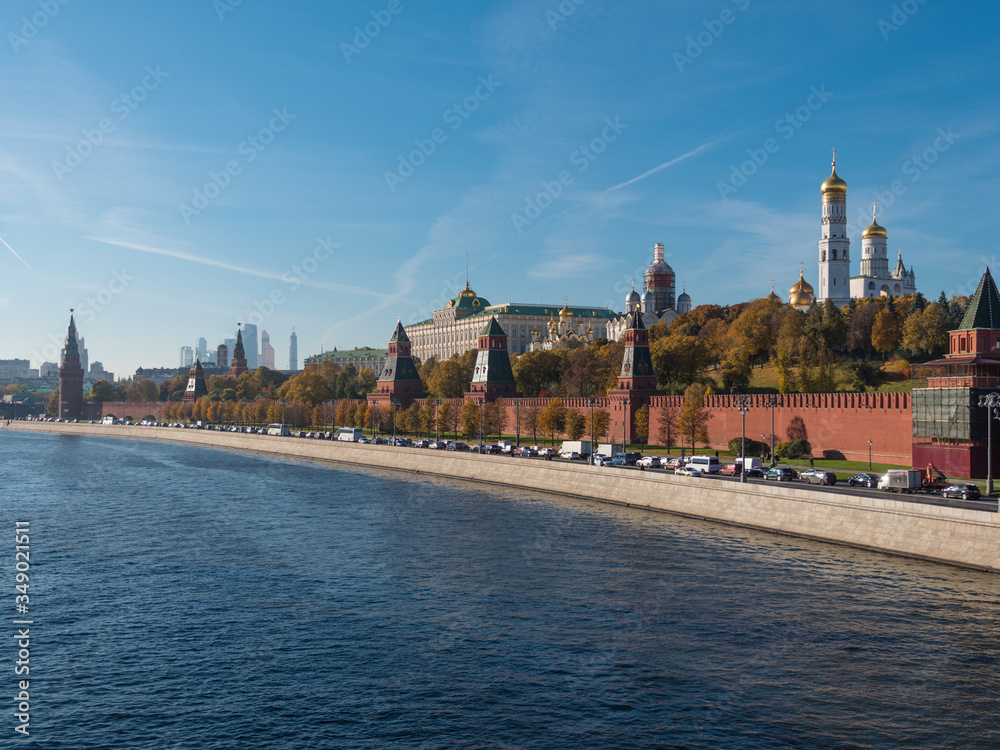 Sunny summer day moscow river bay kremlin