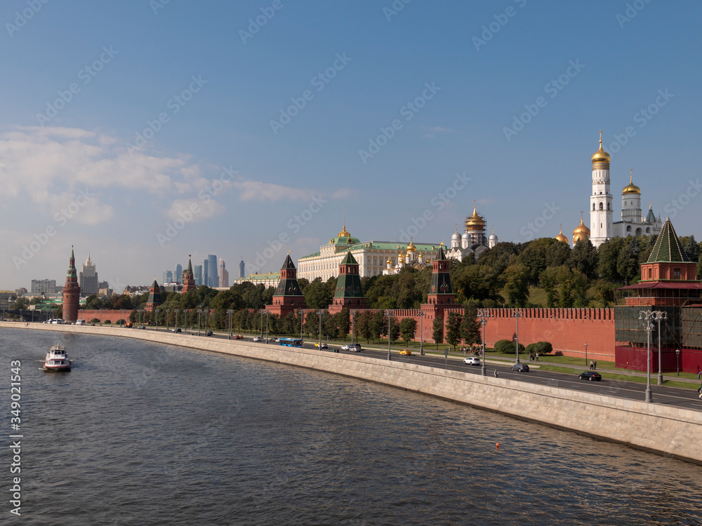 Sunny summer day moscow river bay kremlin