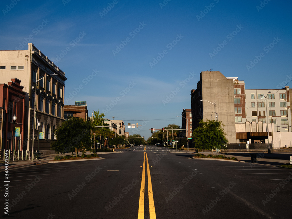 Empty downtown street, small town, early morning