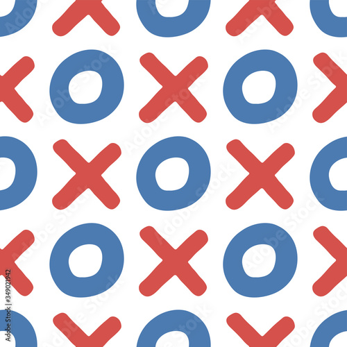 Red and blue tic tac toe isolated on white background. Seamless pattern. Hand drawn vector graphic illustration. Texture.