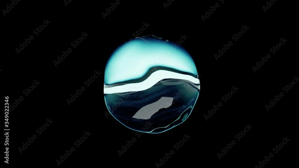 A crystal clear drop of water with a blue tint moves on an isolated black background. Seamless loop 3d render
