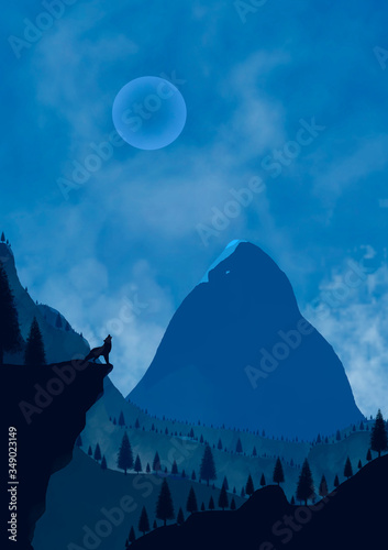 Alone wolf in the mountains howls at the moon