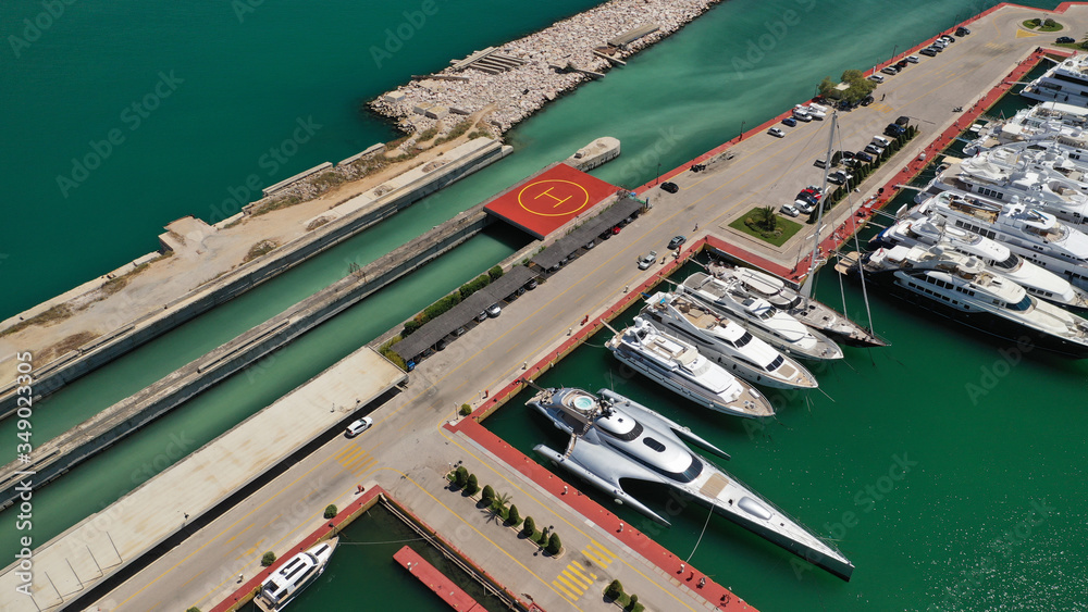 Aerial drone top view photo of luxury boats docked in Athens Marina near Faliro, Piraeus, Attica, Greece