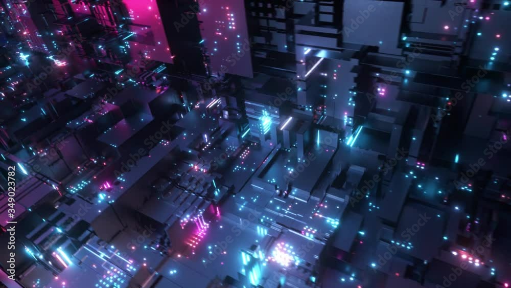 Abstract big data transfer. Binary processing is handled by the computer motherboard. Futuristic processing of server code. Blue technology background with bokeh. Seamless loop 3d render