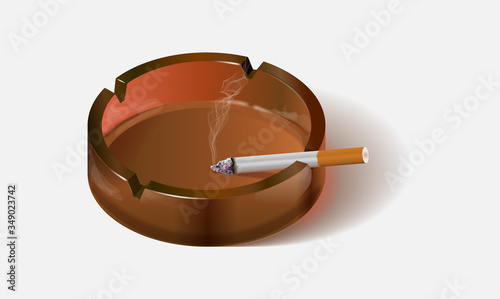 Burning cigarette in a glass ashtray. Vector image.