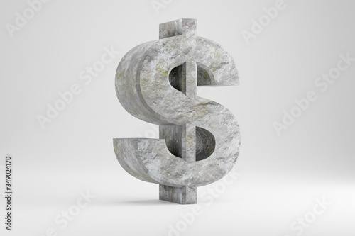 Stone 3d dollar symbol. Rock textured sign isolated on white background. 3d rendered stone font character.
