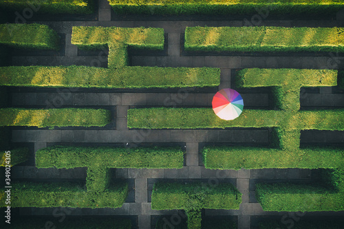 Green labyrinth in garden geometrical symmetry maze rainbow umbrella Aerial drone view photo