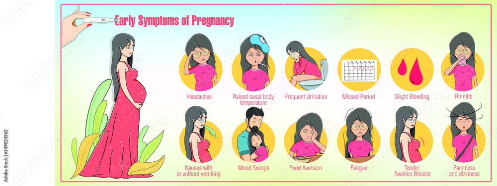 Fototapeta premium Early symptoms of pregnancy. Urination, appetite change, nausea, vomiting, mood swings, fever, headaches, fatigue and dizziness. Cute pregnant women character