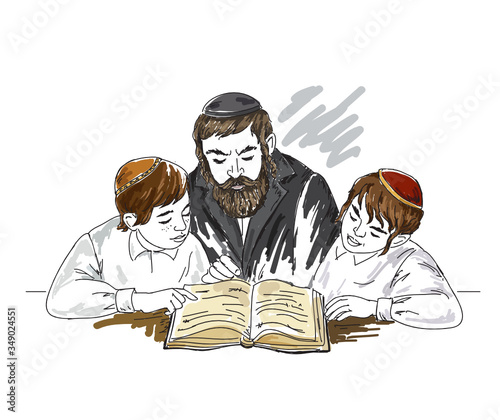 Jewish orthodox children study. Vector illustration.
