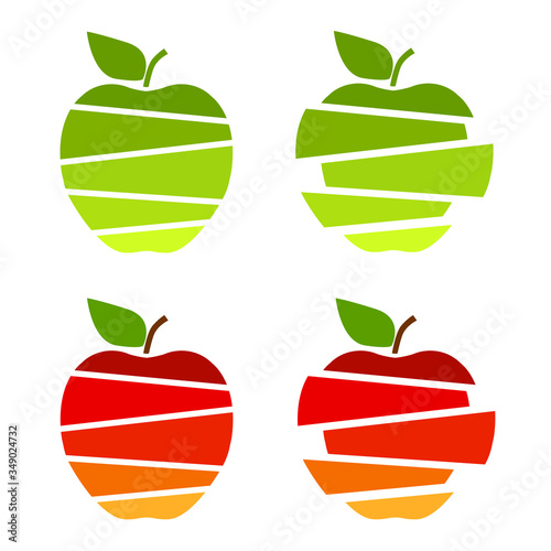 Set of vector sliced apples. Bright red and green apples isolated on white background.