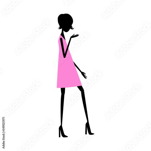 black silhouette of a girl in the style of 60s in a trapeze dress