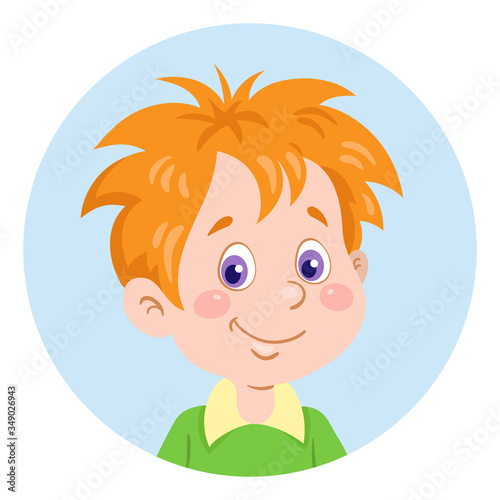 Portrait of a red-haired boy. Avatar icon in the circle. In cartoon style. Isolated on white background. Vector flat illustration.