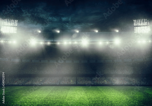 Football stadium with the stands full of fans waiting for the night game. 3D rendering © alphaspirit