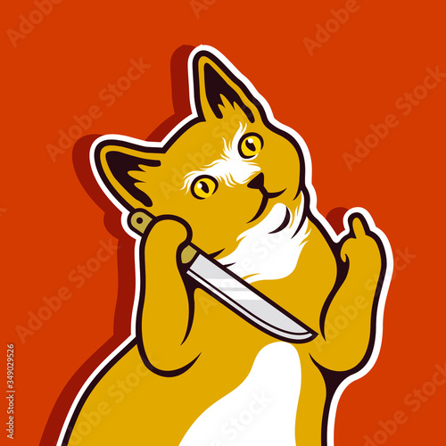 Cute Cat Stare Hodling Knife Showing Middle Finger Sign Vector Illustration - Vector