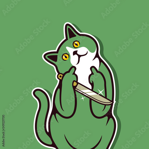 Bad Meow Cat Kitten Tilt Head Holding Knife Showing Middle Finger Sign Vector Illustration - Vector