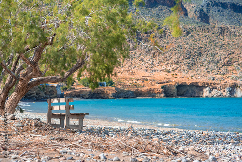 The peaceful village of Kato Zakros at the eastern part of the island of Crete with beach and tamarisks, Greece photo