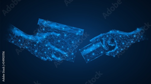 Delivery of the product to the buyer, payment by Bank card. Low poly models of hands with a box and credit card. Blue background.
