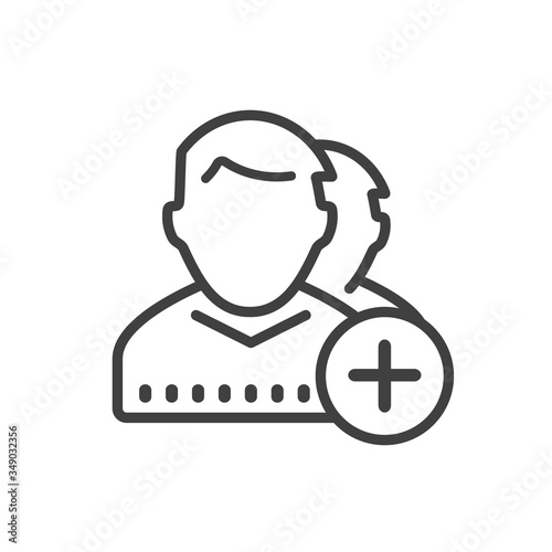 Add a new user account icon vector illustration. Outline silhouette of creating customer group button. Add employee UI element for the online community or app. Refer a user.