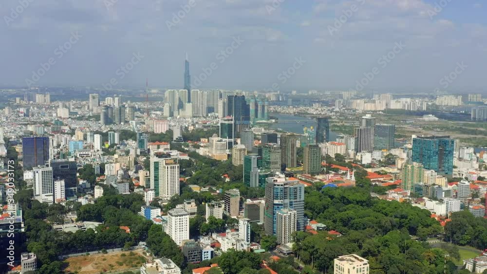 HOCHIMINH, VIETNAM - APRIL, 2020: Aerial drone view of skyscrapers and other modern buildings at downtown of Hochiminh. HOCHIMINH, VIETNAM - APRIL, 2020: Aerial drone view of skyscrapers and other modern buildings at downtown of Hochiminh.