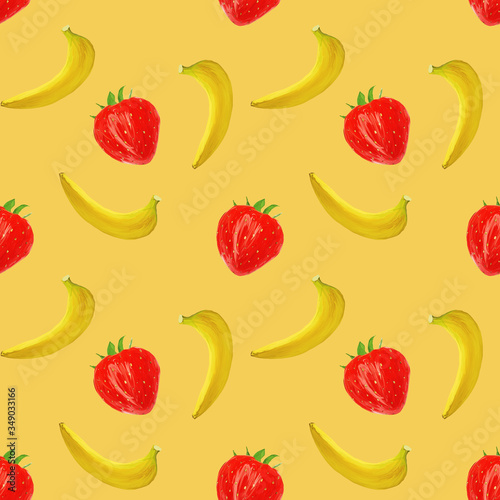 Fototapeta Naklejka Na Ścianę i Meble -  gouache seamless pattern with fruits and berries bananas and strawberry on a yellow background, vegetarian pattern for diet, healthy eating. Use as restaurant menu, packaging, product design,textile